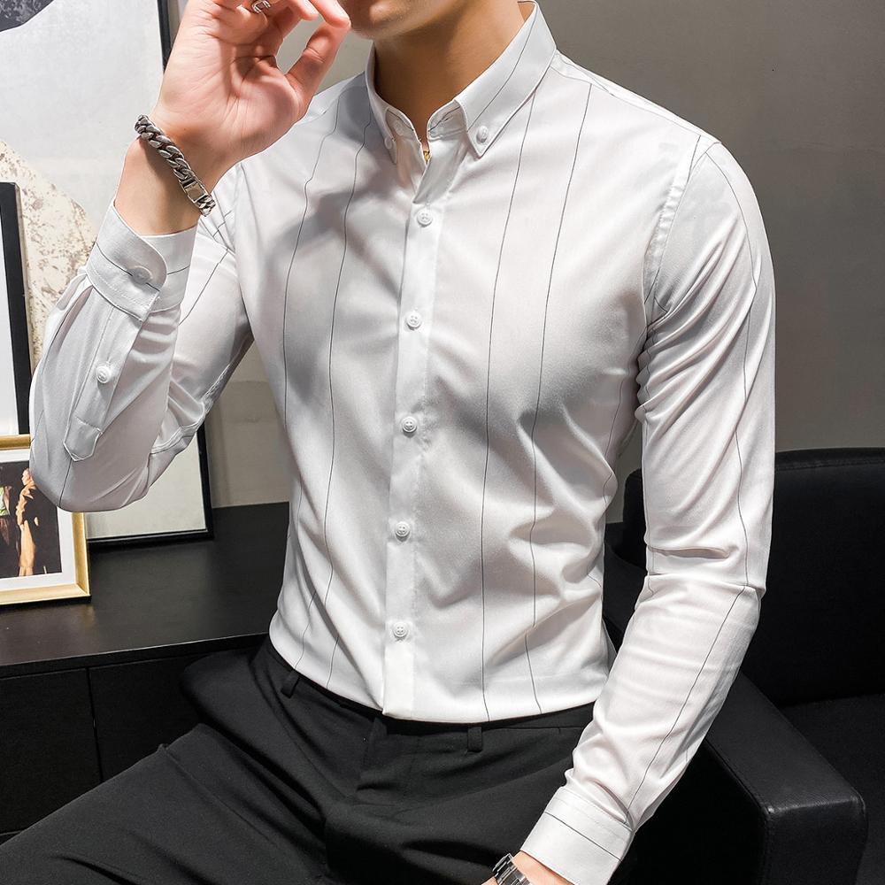 

New Moda 2021 Primavera Nova Manga Longa Dos Homens Listrado Camisas Simples Formal Wear Negcios Escritrio Blusa Homme Ajuste Fino F2mj, Black
