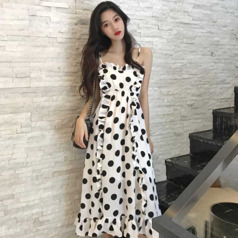 

Sleeveless V-Neck Spaghetti Strap Beach Dot Ruffle Tank Mid-Calf Casual Dres Flying Sleeve Sundress Chiffon 210601, White