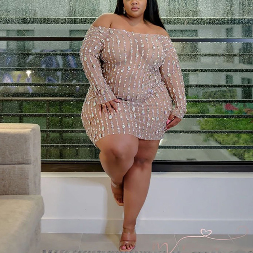 4XL 5XL Plus Size Sexy Dress for Women's Full Sleeve Transparent Sequined See Through Elegant Evening Night Party Club Dress Hot-image-730490836