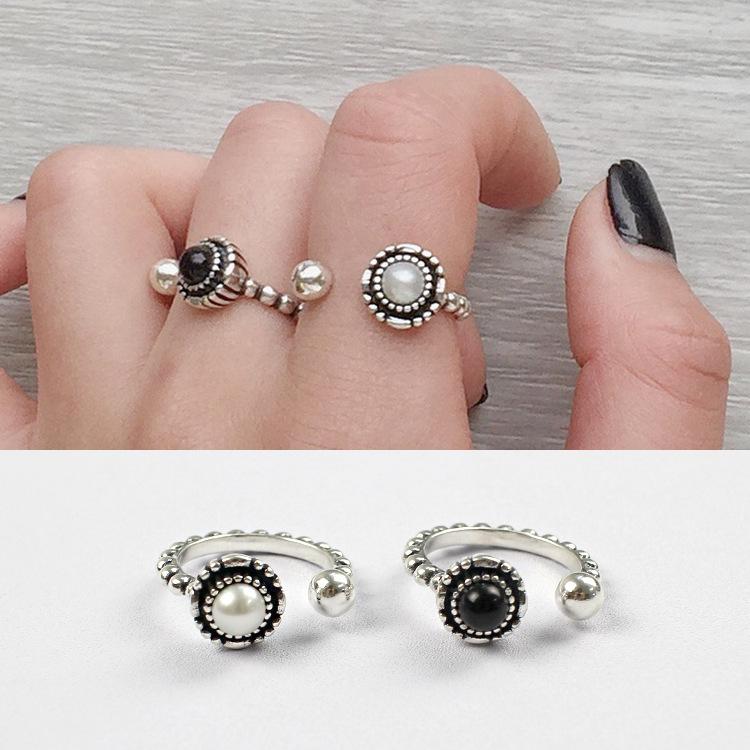 

Cluster Rings 100% 925 Sterling Silver Vintage Black Round For Women Anelli Donna, Retro Simulated Pearl Ring Jewelry Anillos Mujer, Golden;silver
