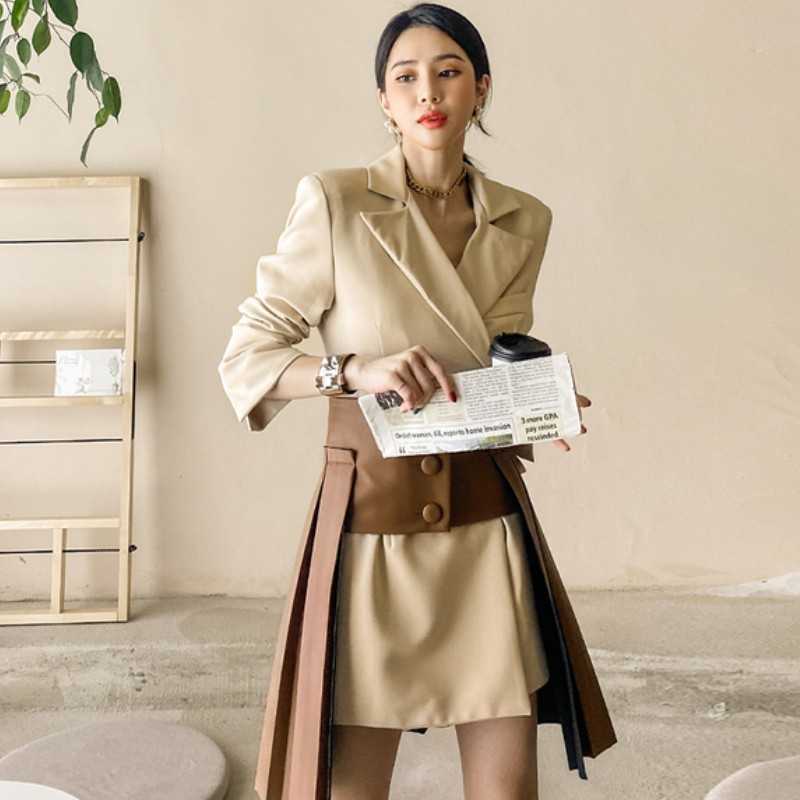 

Korean Office Ladies Elegant Fashion Suit Women Autumn Notched Collar Blazer Dress + PU Pleated Mini 2 Piece Set 210526, Photo color