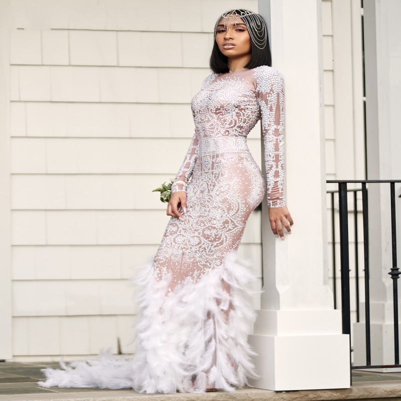 

2021 New Luxury Rhinestones Crystal Feather Black Girl Prom Es Sleeves Mermaid African Evening Party Gowns Long Gala S4go