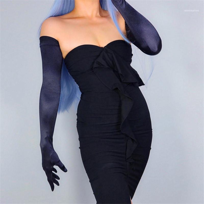 

Satin Silk Gloves 70cm Elastic Mercerized Pearl Black Extra Long Female Sunscreen WSG111