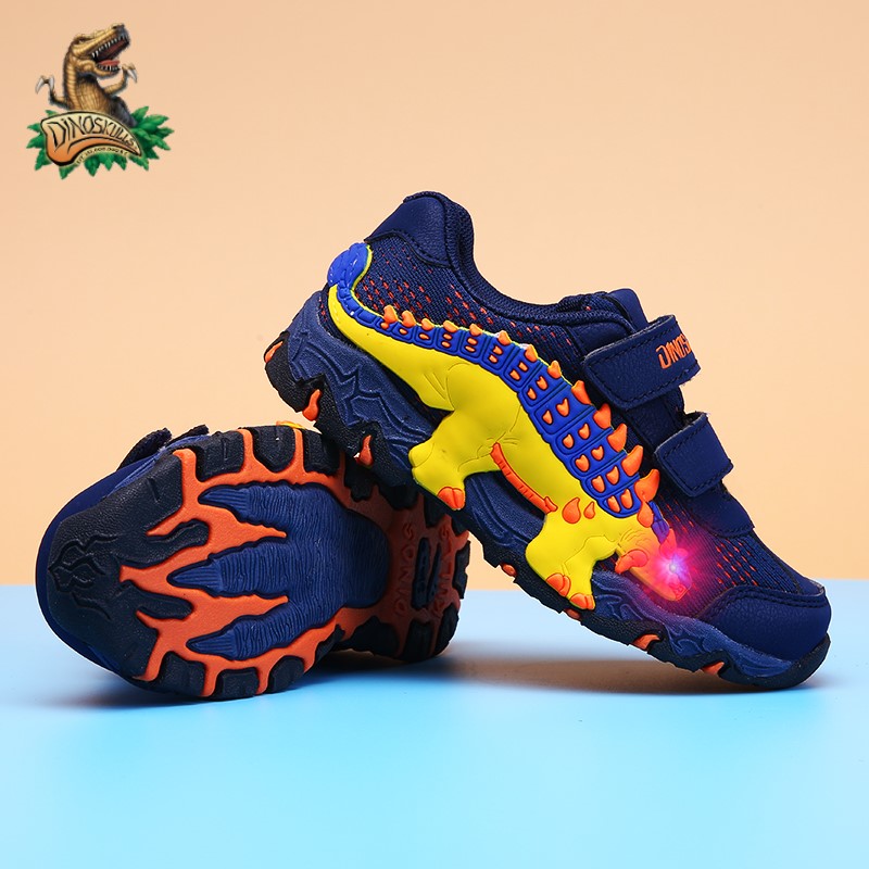 

Dinoskulls Kids LED Lighting Shoes 2021 Spring Boys Glowing Sneakers Dinosaur Fashion Breathable Children Sports Running Shoes, Black-no led
