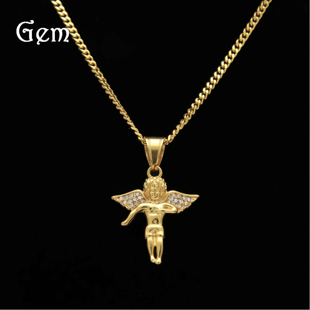 

Hot selling Angel Pendant Stainless Steel Gold Plated Diamond inspired Angel Necklace hip hop Angel Pendant series