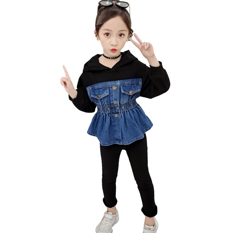 

Girls Clothes Set Patchwork Clothes For Girls Denim Hoodies + Legging Costume For Girl Spring Autumn Tracksuit Kids, As picture