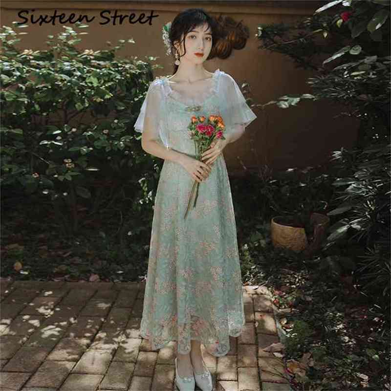 

Floral Embroidery Long Women Dress V-neck Short Sleeve Femele Mesh Midi Sequin Evening Party Elegant Summer 210603, Blue