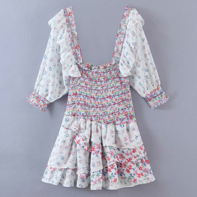 

Spring Arrivals Print Ruffle Square Neck Short Puff Sleeve Romantic Style Dress MZ266 210525, White printing