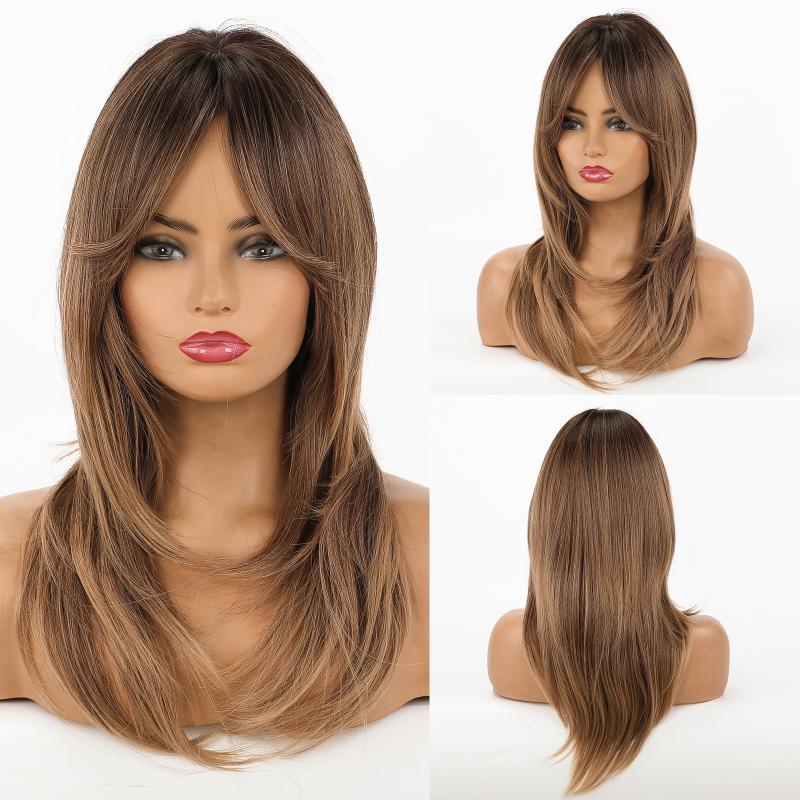 

Synthetic Wigs Long Straight Wig Hair Ombre Black Brown Highlight Blonde Natural Wavy Layered With Side Bangs For African Women, Lc5063-1