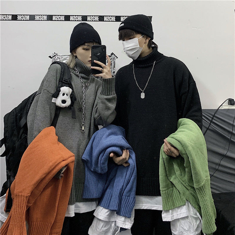 

2021 New Winter Turtleneck Sweater Men's Warm Fashion Casual Knitted Pullover Men Loose Korean Fake Two Knitting Sweaters Mens Clothes Uhr2, Orange