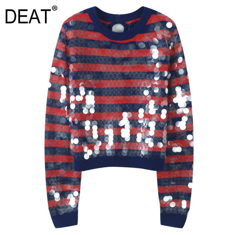 

[DEAT] Striped Knitted Pullovers Sweater Loose Fit Round Neck Long Sleeve Women Fashion Autumn Winter 13U062 210527, As shown