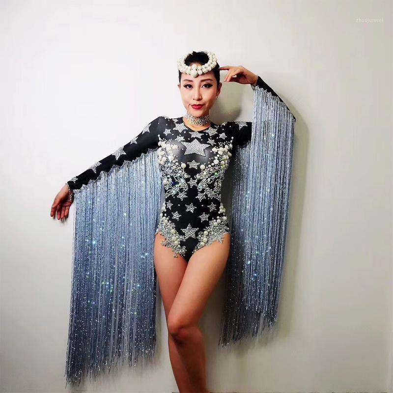 

Women' Jumpsuits & Rompers Women Gray Beading Tassel Crystals Stars Sexy Bodysuit Stage Dance Fringes Leotard Nightclub Party Female Singer, As pic