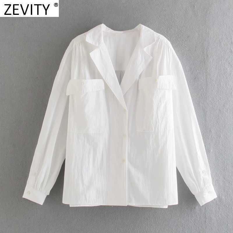 

Zevity Women Simply Double Pockets Patch Casual Smock Blouse Office Lady Turn Down Collar Shirts Chic Leisure Blusas Tops LS9001 210603, As pic ls9001bb