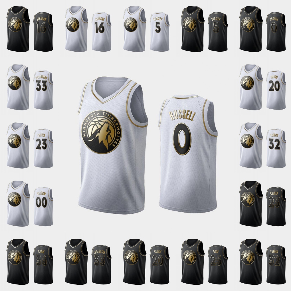 

Minnesota Timberwolves Men Karl-Anthony Towns James Johnson D'Angelo Russell Malik Beasley NBA Golden Edition Custom Jersey, Black;red