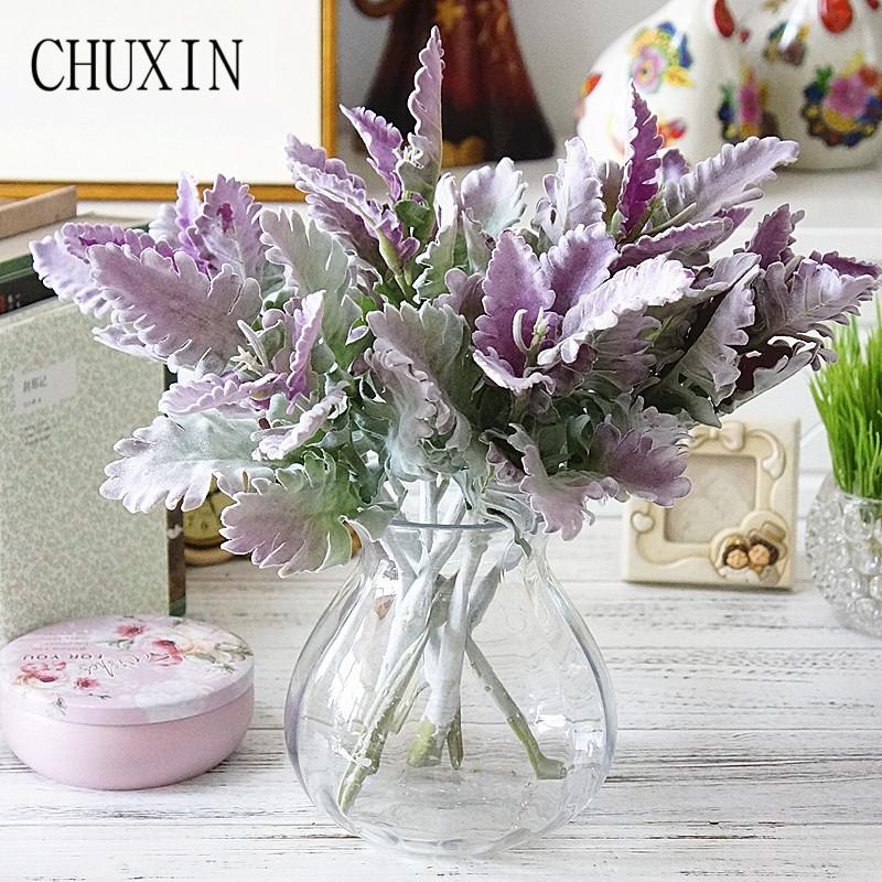 

European-style simulation flocking silver leaf chrysanthemum bunch Home hotel green decorative fake plants Wedding accessories, Purple