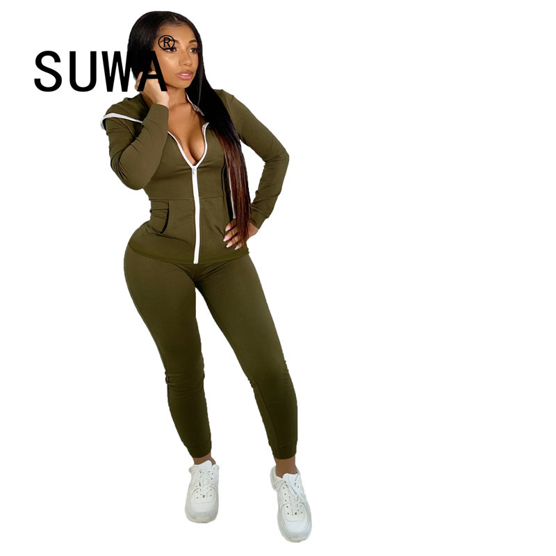 

White Striped Zipper Long Sleeve Coat Jacket High Waist Pants Joggers Legging Casual Track Suit Women Sets Free 2 Piece 210525, Brown