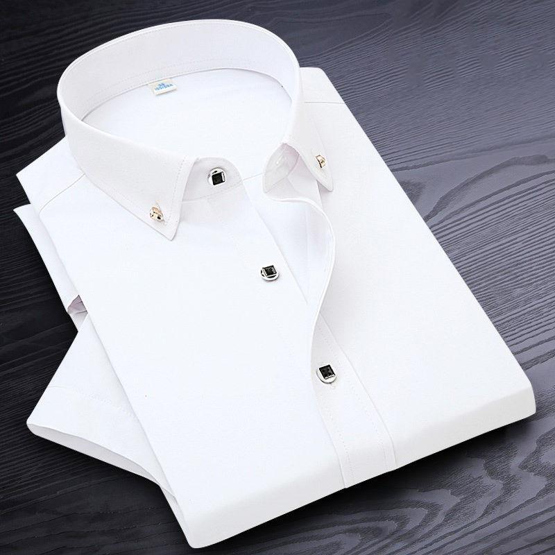 

Men's Casual Shirts High Quality Non-ironing Men Dress Shirt Short Sleeve Solid Male Clothing Fit Business White Blue Navy Black Red, White;black