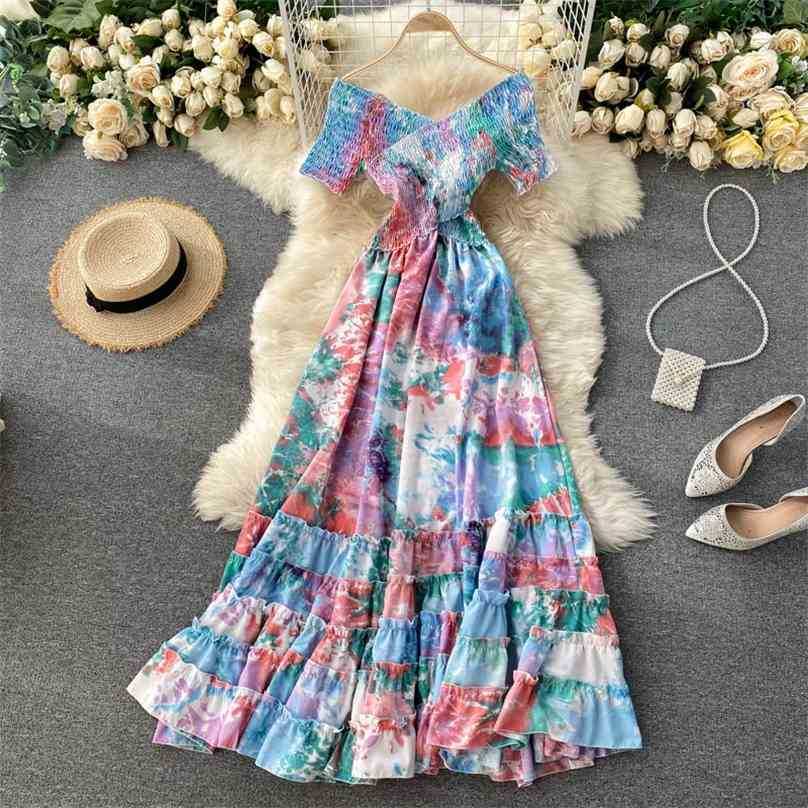 

Women Boho Dress Fashion Summer Sexy V Neck Beach Dresses Ladies Elegant Tie-dye Printing Slim High Waist Long Robe 210525, Blue