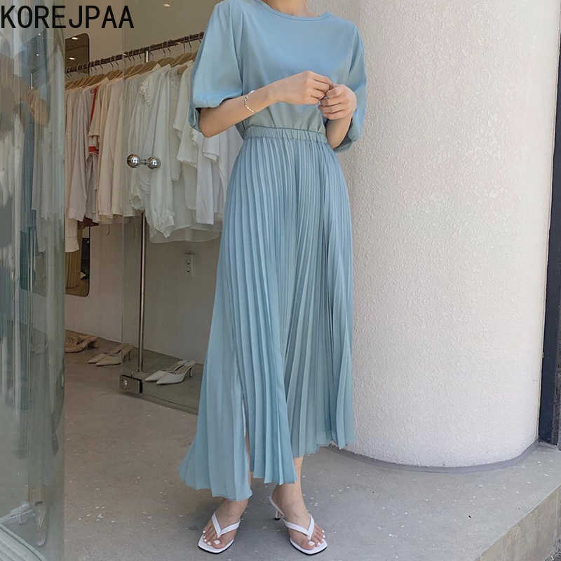 

Korejpaa Women Dress Summer Korean Chic Ladies Gentle Elegant Round Neck Tie Design Thin High Waist Split Pleated Vestidos 210526, Green
