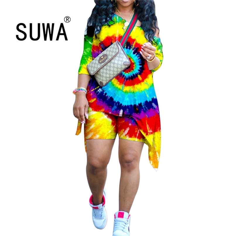 

Women Fashion Clothes Off Shoulder Long Tops&Short Pants Tie Dye Matching Sets Elegant Casual Streetwear 2 Piece Set Summer 210525, Red