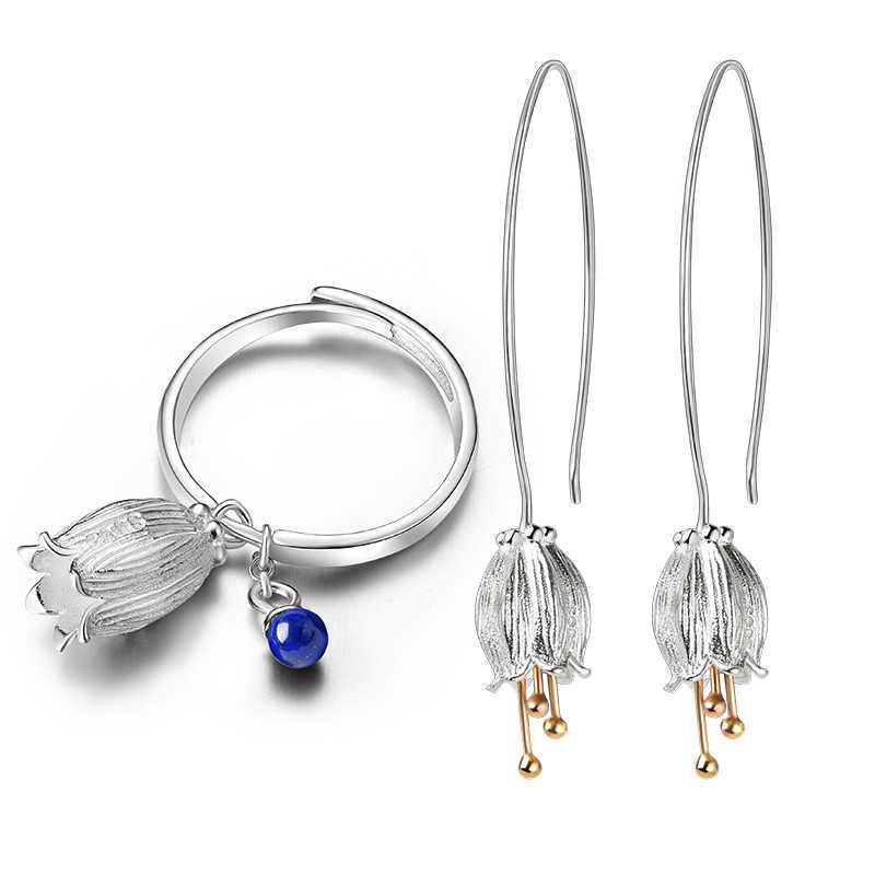 

Lotus Fun Real 925 Sterling Silver Natural Creative Handmade Fine Jewelry Fresh Bell Flower Set with Ring Earring 210628, White