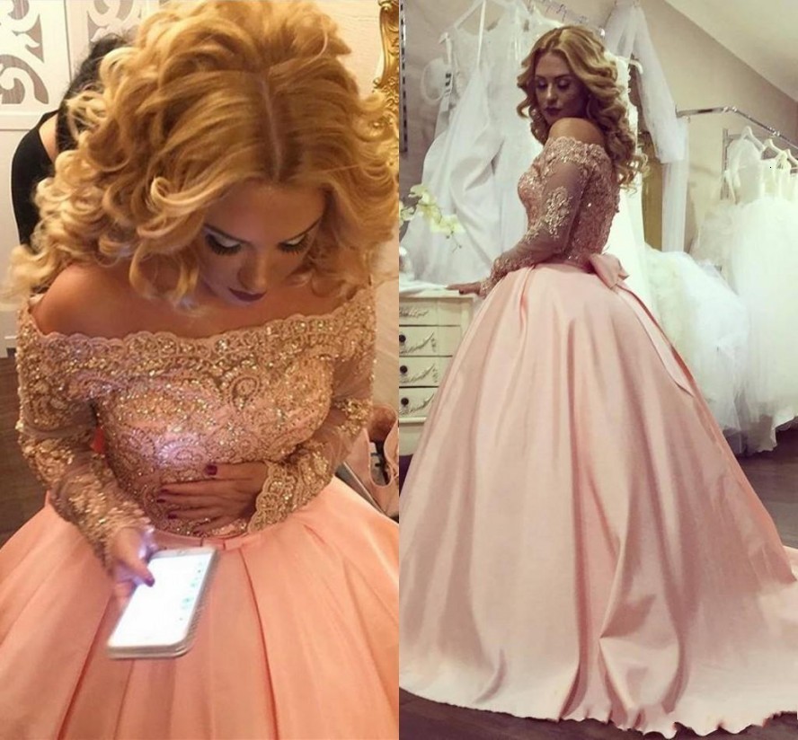 

2021 New Gorgeous Vintage Arabic Blush Pink Prom Scoop Satin Evening Es Formal Party Gowns with Bow Robe De Soriee Szw8