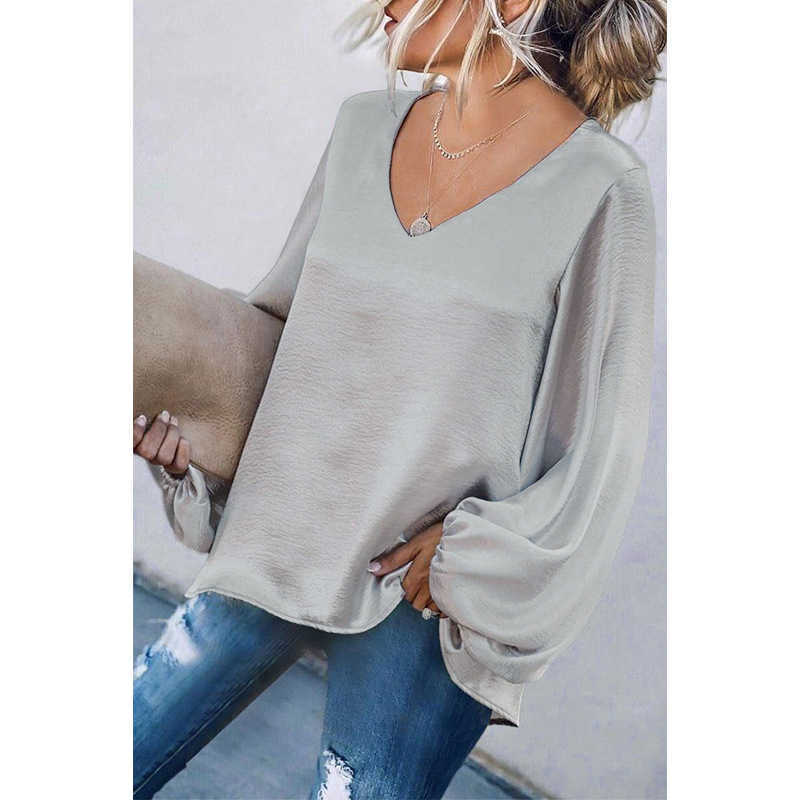 

Spring Solid Full Loose V Neck Tshirt Women Tops 210615, Brown