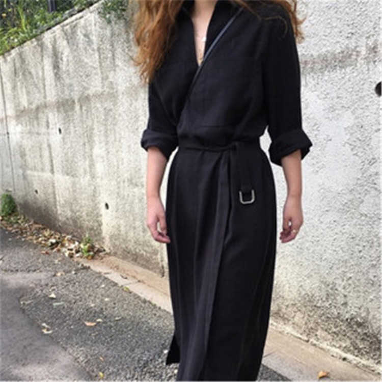 

Solid Retro Black Lace Up Waist Full Loose Slim V-neck Double Pockets Dresses for Women 210615