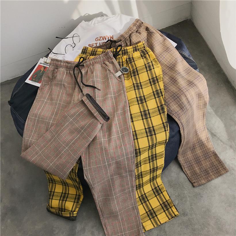 

women korean black plaid pant casual streetwear harem male checkered trousers plus size