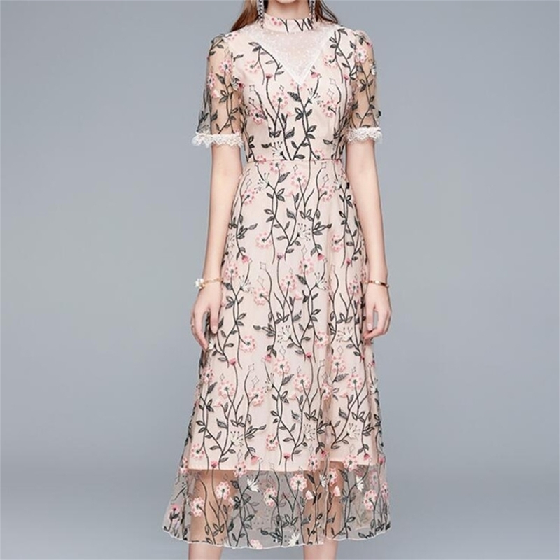 

Women Vintage Stand Collar Embroidery Lace Mesh Dress Female Lady Office Work Party es 210603, Picture color