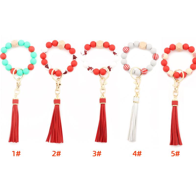 

Keychains Colorful Leather Tassel Wooden Beads Christmas Tree Elk Balloon Printing Bracelets For Women Wood Beaded Bangles Jewelry Gift