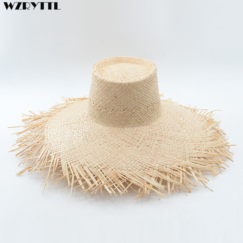 

2021 New Fashion Women's Summer Hat Wide Brim Raffia in Fringed Plain Sun Straw Ladies Flat Top Seaside Beach Hats Derby Zll5, As show