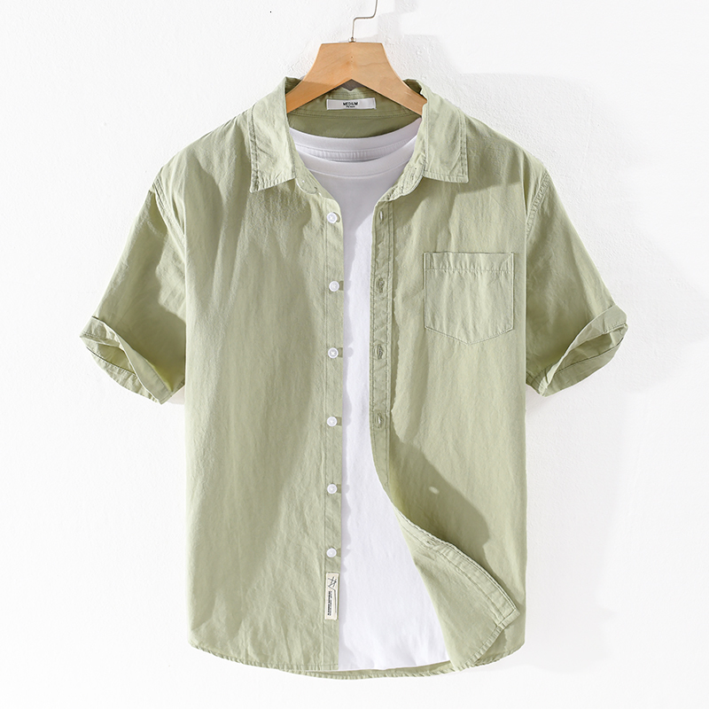 

2021 New Vero Novo Estilo De Manga Curta Puro Algodo Masculina Moda Confortvel Camisas Para Casual Slida Camisa Dos Homens 84v3, Light green