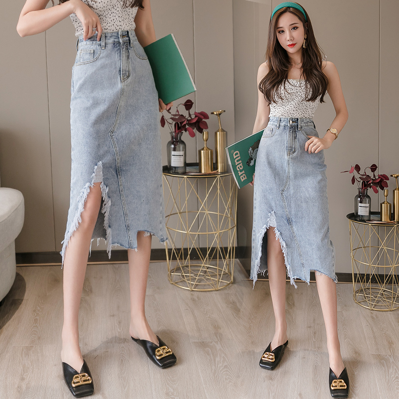 

2021 New Womens Skirt Vintage Clothes Ripped Denim Long Skirts Blue Harajuku Summer High Waist Flowy Fashion Spring L1xp