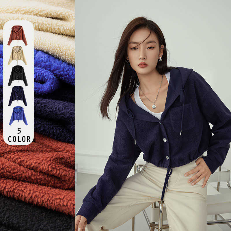 

FANSILANEN Lamb fur zip up hoodie sweatshirt Women short winter casual wool Female sexy black cropped oversize 210607, Navy