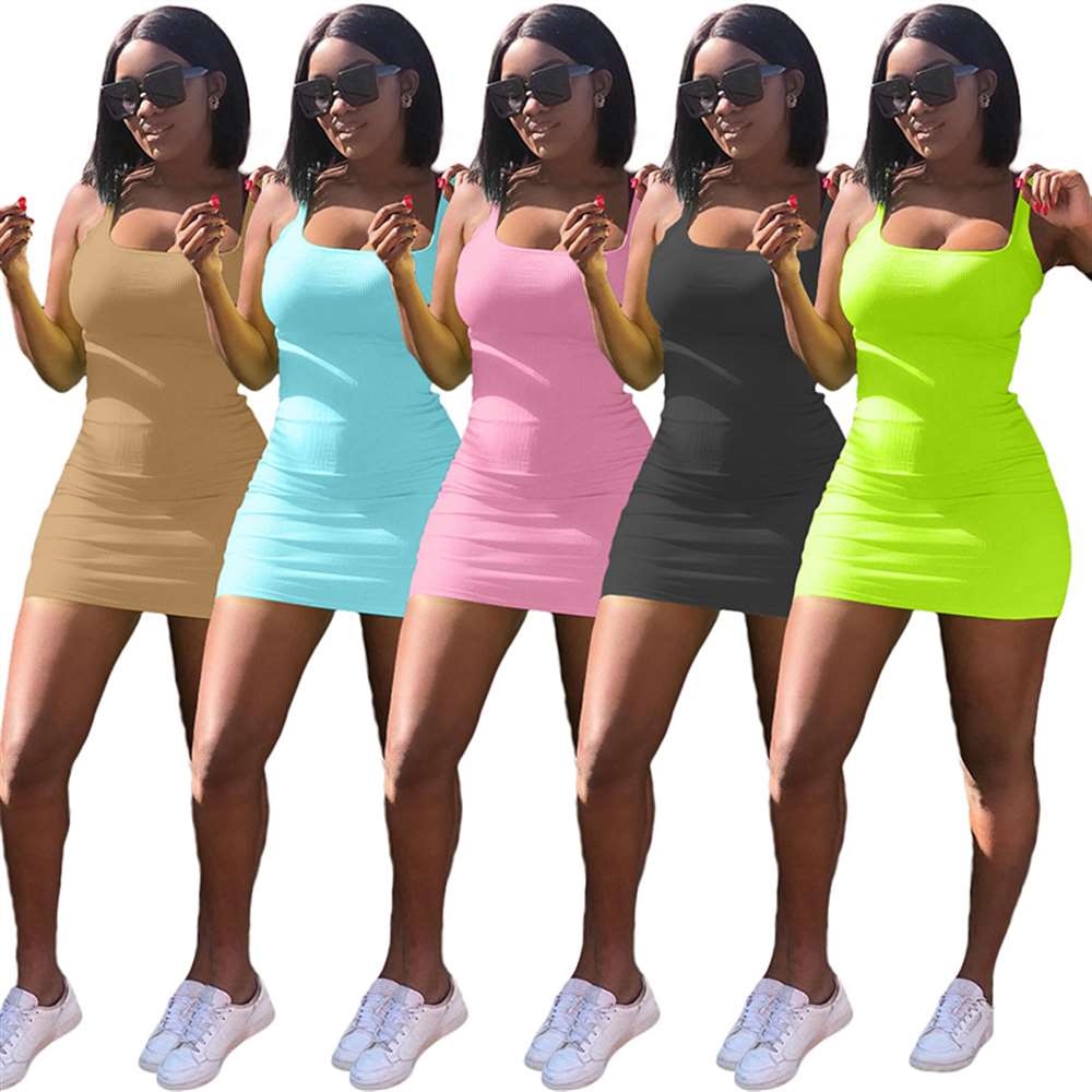 2021 Summer Dress Women&#039;s Casual Solid Color Big U-Neck Suspender Slim Street Style Knitted Tight Sexy Mini Club-image-707442516