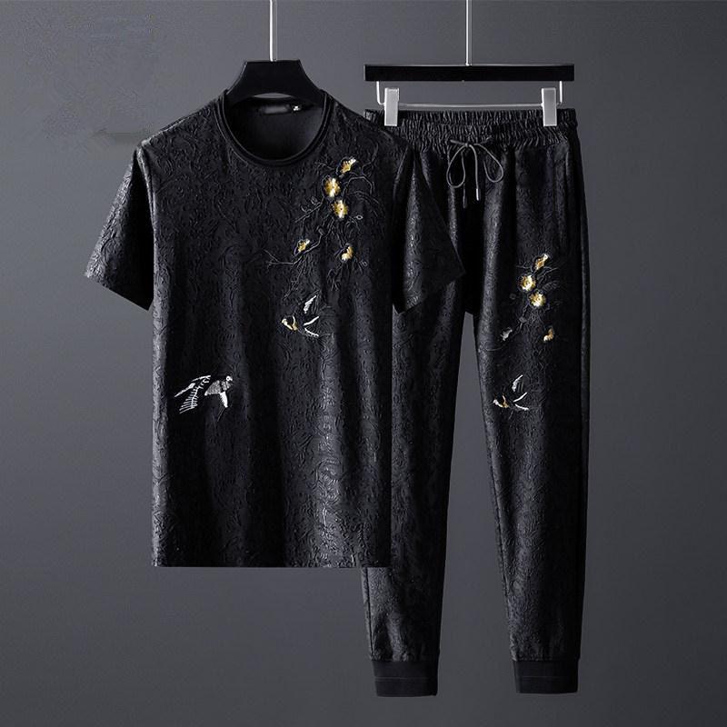 

Men's Tracksuits Brand Summer Black Mens Sets (t-shirt+pants) Luxury Short Sleeve Plum Flower Embroidery Male Slim Man Set Plus Size 6XL