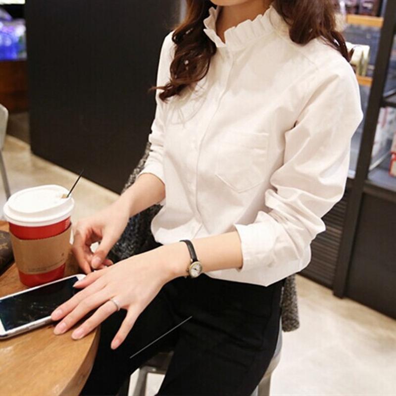 

Women' Blouses & Shirts 2021 Feminine Blouse Top Long Sleeve Casual White Ruffle Elegant Style Women And Loose