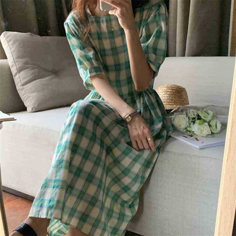 

Green Plaid Loose Geometric All Match Chic High Waist Stylish Streetwear Casual Long Dresses Vestidos 210525, Photo color