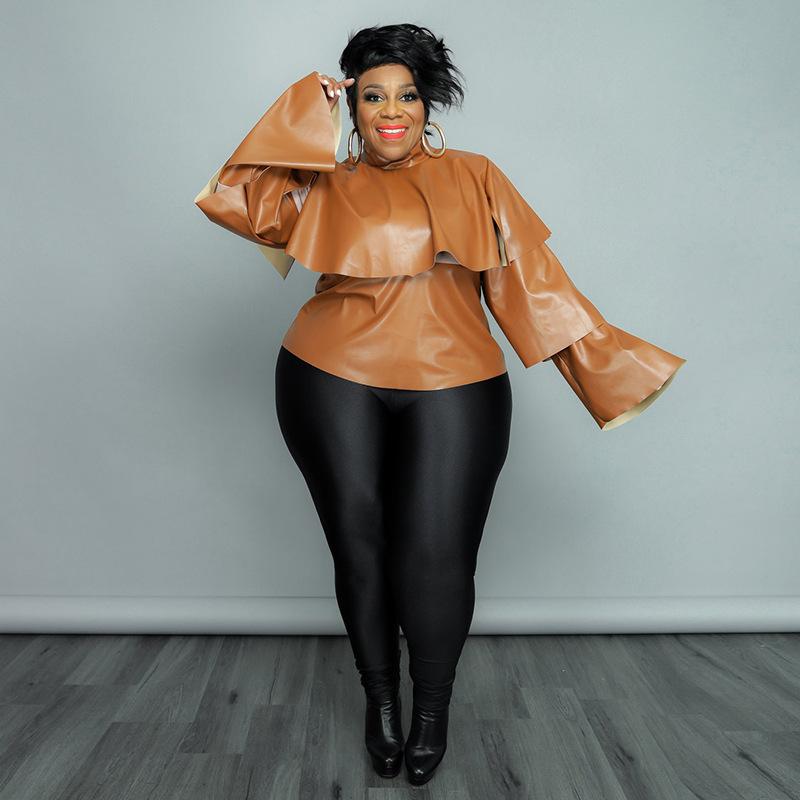 

Plus Size T-Shirt Perl Turtleneck Ruffle Full Sleeve Top Vintage Winter PU Leather Back Zipper Women's Clothing Fashion Street Wear, Black