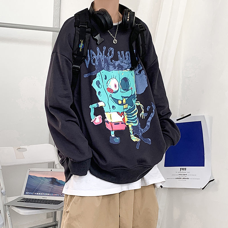 

2021 New Casual Hoodies Loose Around the Neck Hombre Male Pullover of Cartoon Printed Coats Streetwear -5xl Sweaters 588f, Black