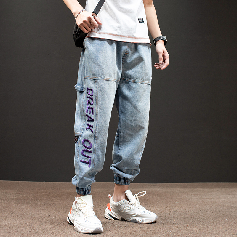 

2021 New Japanese Vintage Fashion Loose Fit Denim Cargo Pants Embroidery Designer Harem Trousers Streetwear Hip Hop Jeans Men Bfpe, Light blue