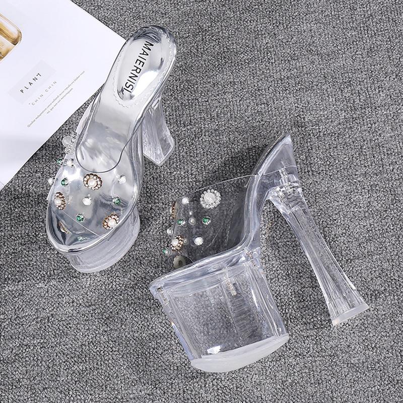 

Slippers Thick-soled Transparent Catwalk Dance Show Crystal High Heels 18cm Female Nightclub Shoes Plus, Silver
