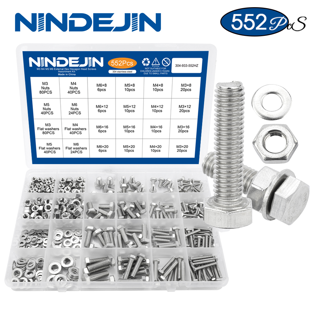 

NINDEJIN Nail 552pcs/set stainless steel m3 m4 m5 m6 external hex hexagon head screw set