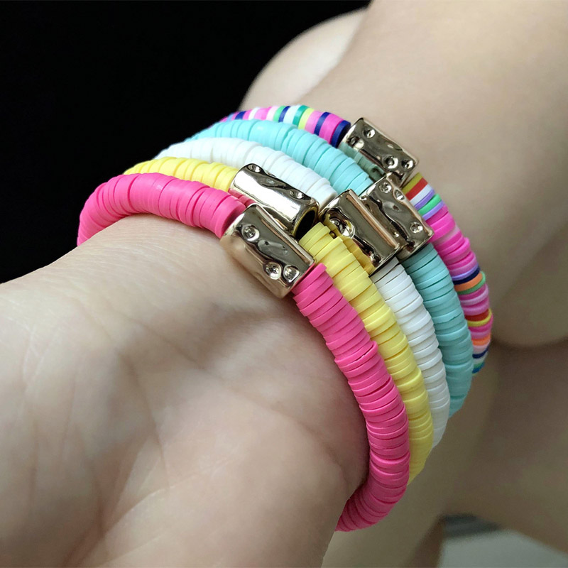 

5pcs/set Bohemian Colorful Clay Bracelets For Women Summer Beach Charm Elastic Soft Pottery Bracelet Boho Jewelry, Golden;silver