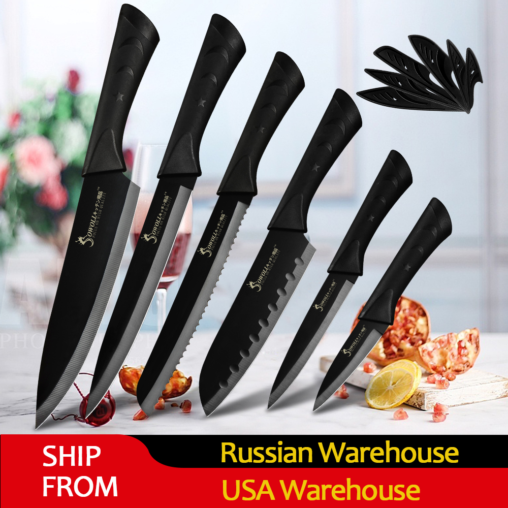 

SOWO Stainess Stee Knife Kitchen Knife 6 Pcs Set Paring Utiity Santoku Sicing Bread Chef Knife Meat Fish Kitchen Gadgets