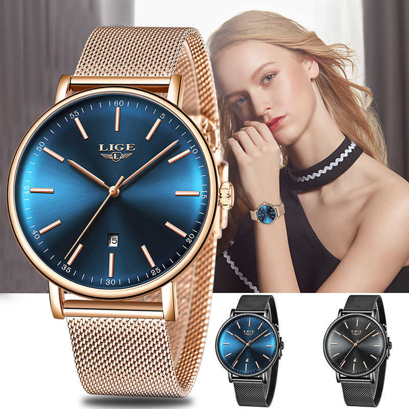 

LIGE Women Watches Top Brand Luxury Ladies Mesh Belt Ultra-thin Stainless Steel Waterproof Clock Quartz Reloj Mujer 210616, Full black