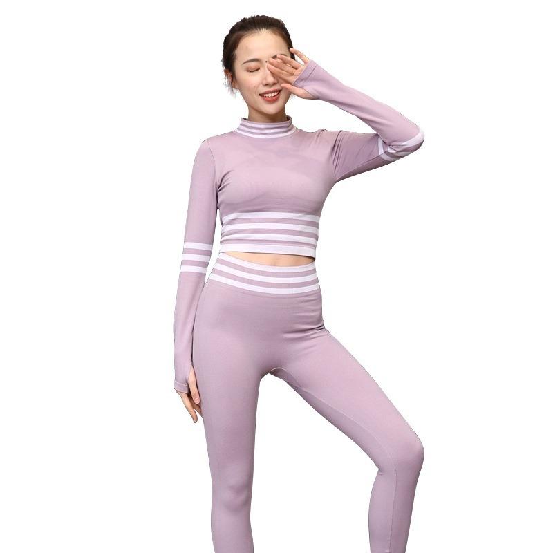 

Autumn Winter Yoga Suit Women Fitness Sports Tight Long Sleeve High Waist Hip Lifting Slim Striped Pants two piece set workout, Black