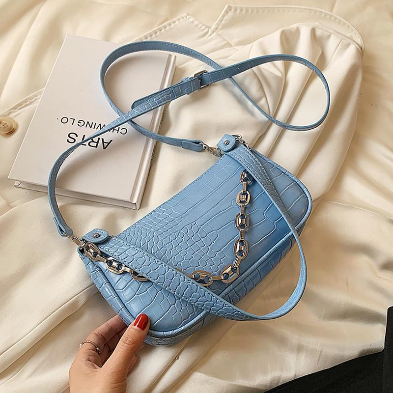

Evening Bags Stone Pattern Small PU Leather Baguette Underarm Crossbody For Women 2021 Summer Luxury Chain Shoulder Handbags, Black