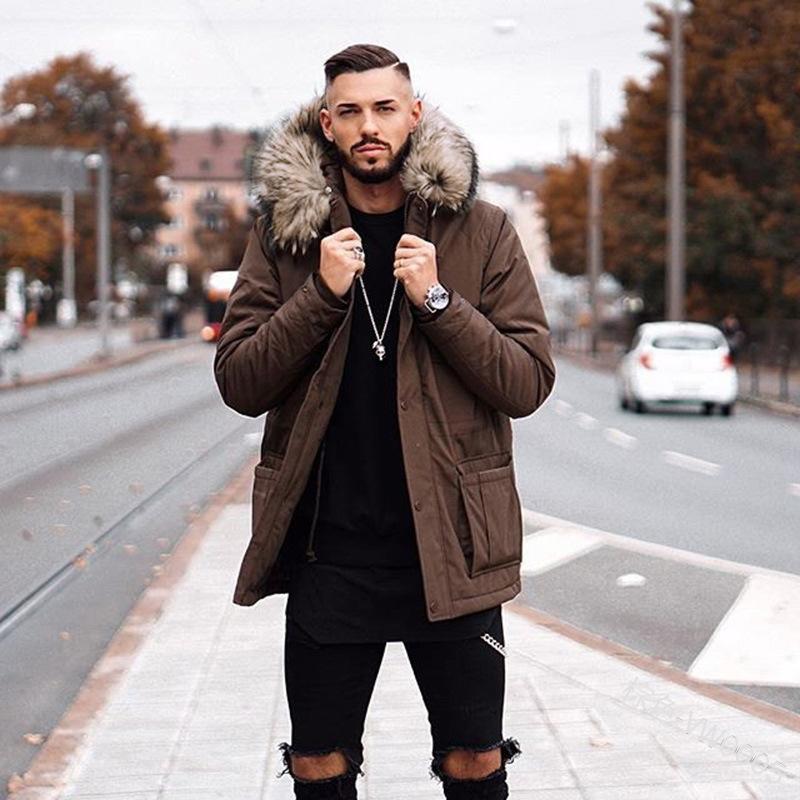 

Men 2021 Winter New Casual Faux Fur Collar Long Thick Parkas Jacket Coat Men Outwear Hooded Pockets Waterproof Jackets Parka, Black